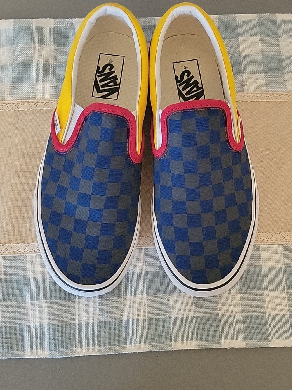 VANS OTW Rally Sz 8 1/2 Multi Color Canvas Slip On Navy Blue Dark Gray Front.